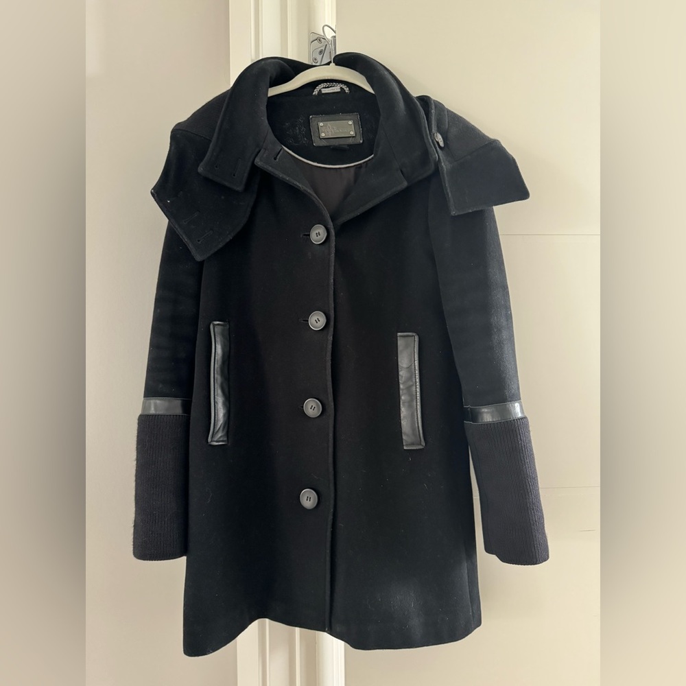 Mackage Black Pea Coat with Leather Accents